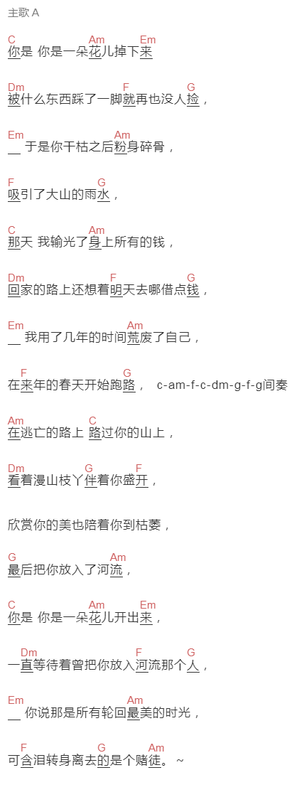 小龙《赌徒》吉他谱C调和弦谱(txt)1