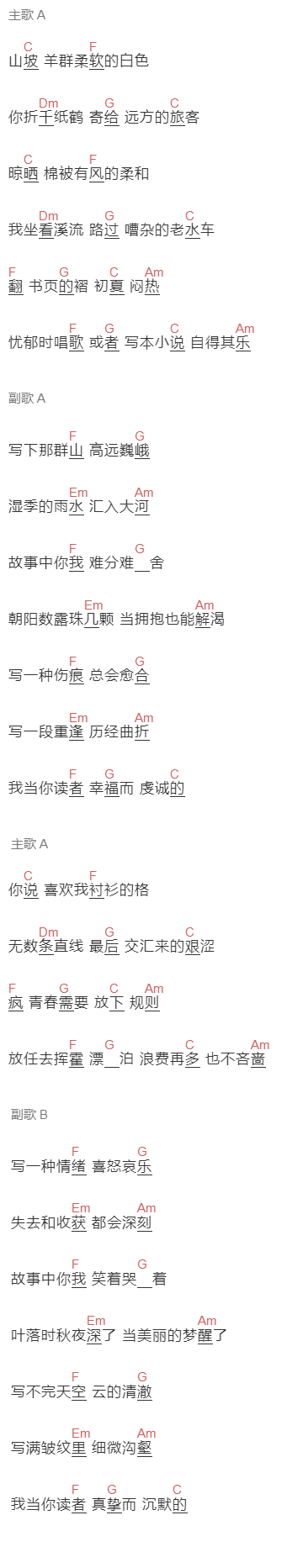 七修远《读者》吉他谱C调和弦谱(txt)1