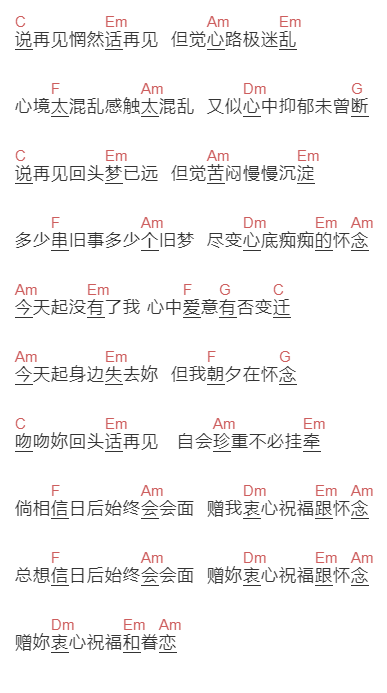 张国荣《话别》吉他谱C调和弦谱(txt)1