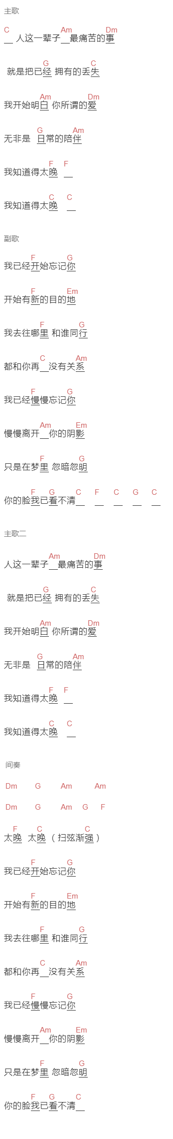 时间不够以后《知晚》吉他谱C调和弦谱(txt)1