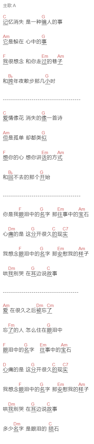 谢安琪《眼泪的名字》吉他谱C调和弦谱(txt)1