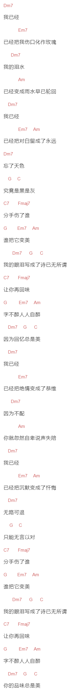 孙燕姿《眼泪成诗》吉他谱C调和弦谱(txt)1