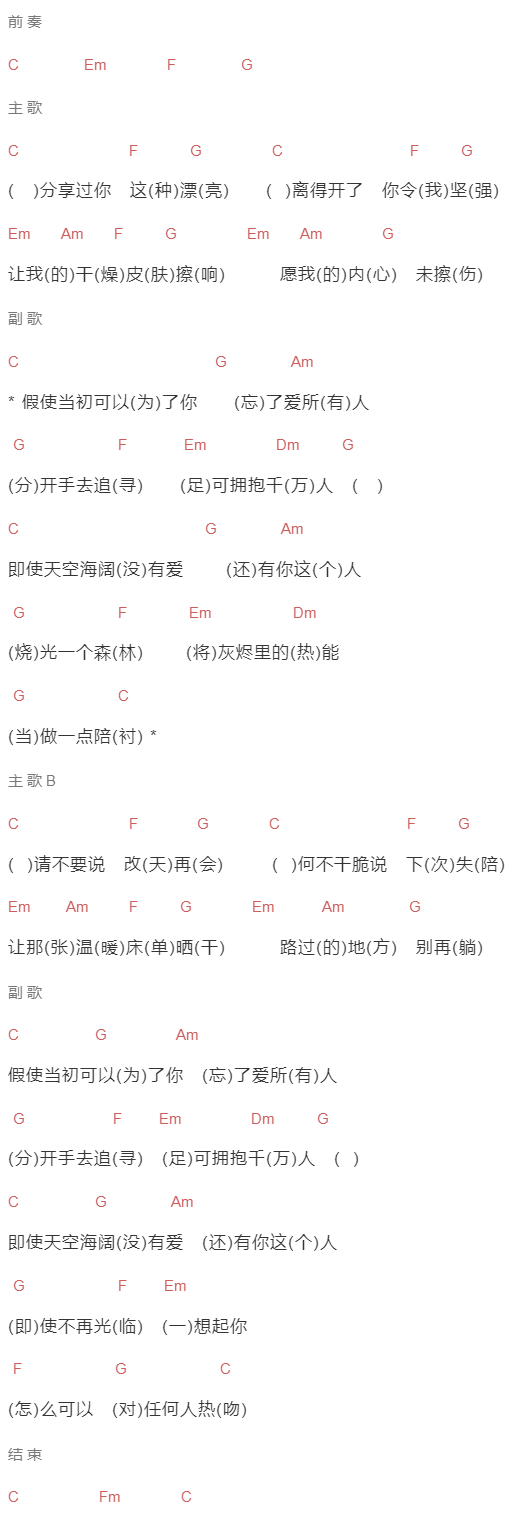 谢霆锋《爱后余生》吉他谱C调和弦谱(txt)1