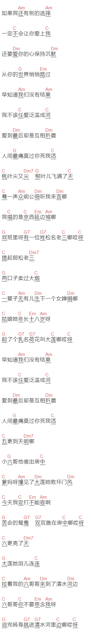 王琪《清水河往事》吉他谱C调和弦谱(txt)1
