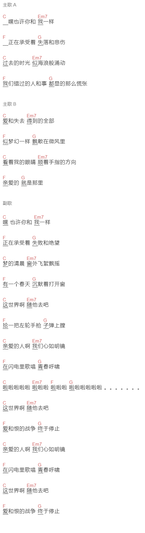 低苦艾《清晨日暮》吉他谱C调和弦谱(txt)1