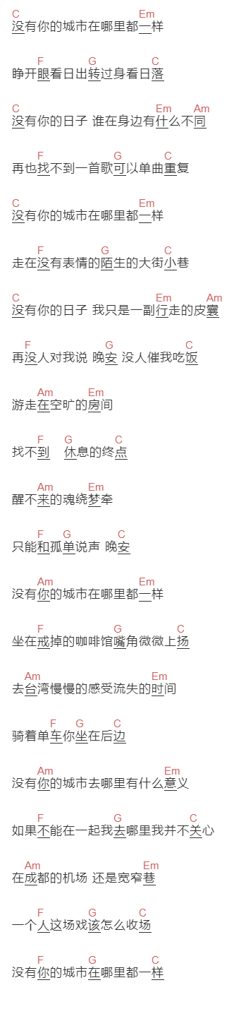小闯《没有你的城市在哪里都一样》吉他谱C调和弦谱(txt)1