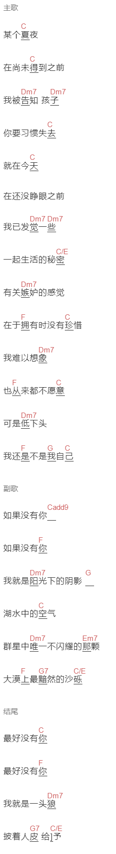 《没有你》吉他谱C调和弦谱(txt)1