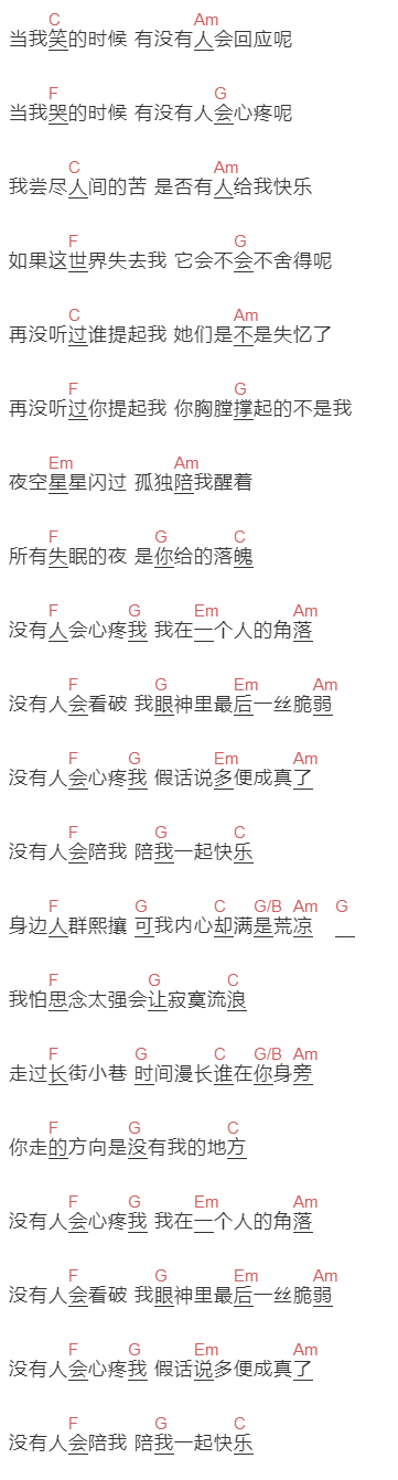陈雪凝《没有人心疼我》吉他谱C调和弦谱(txt)1