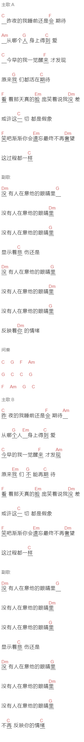 打倒三明治《没有人在意他的眼睛里》吉他谱C调和弦谱(txt)1