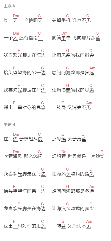 百慕三石《沙滩往事》吉他谱C调和弦谱(txt)1