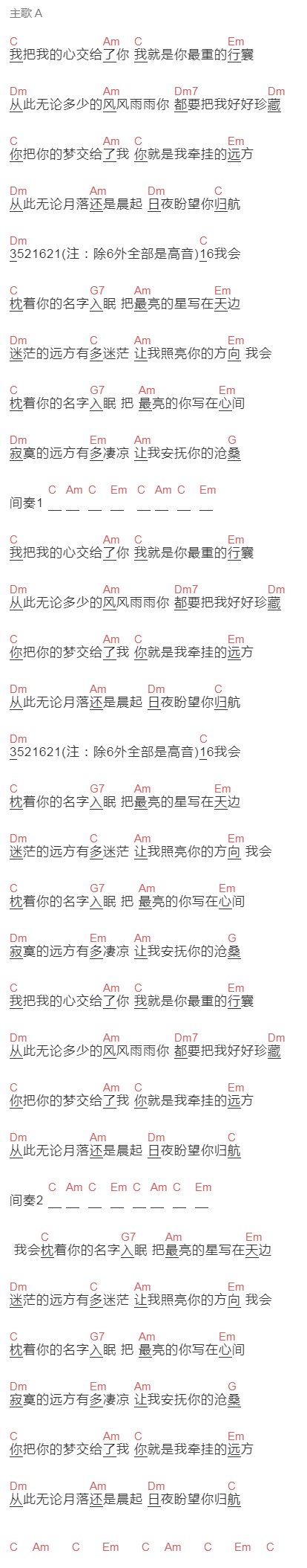陈明《枕着你的名字入眠》吉他谱C调和弦谱(txt)1