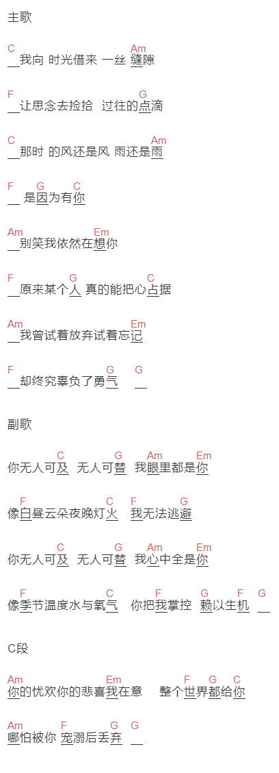 王晴《无人可及》吉他谱C调和弦谱(txt)1