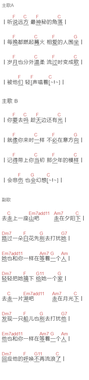 毛不易《旅行家说》吉他谱C调和弦谱(txt)1
