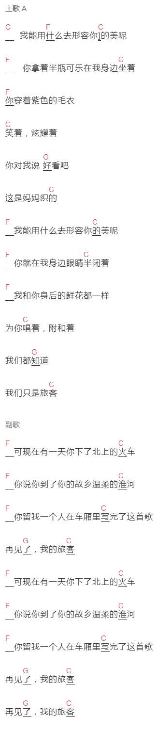 酒精过敏《旅客》吉他谱C调和弦谱(txt)1