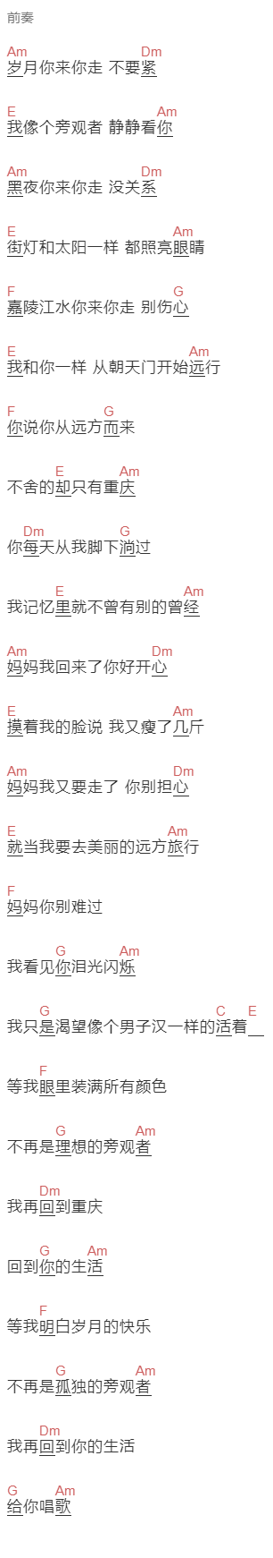 张晏铭《旁观者》吉他谱C调和弦谱(txt)1