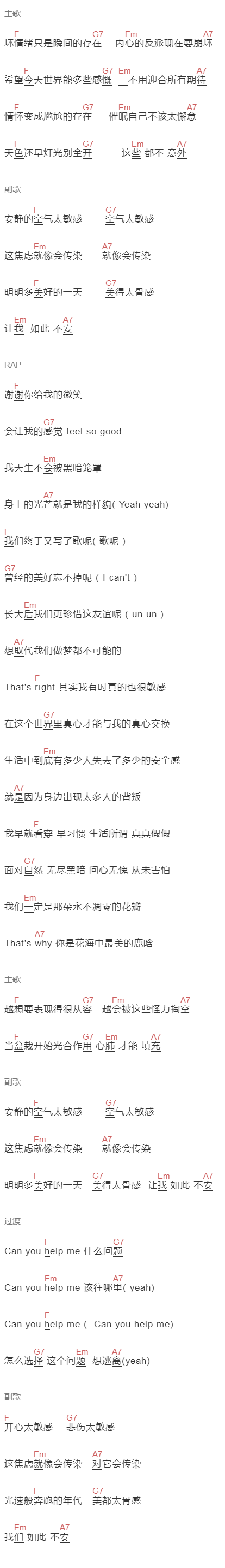 鹿晗|黄子韬《敏感》吉他谱C调和弦谱(txt)1