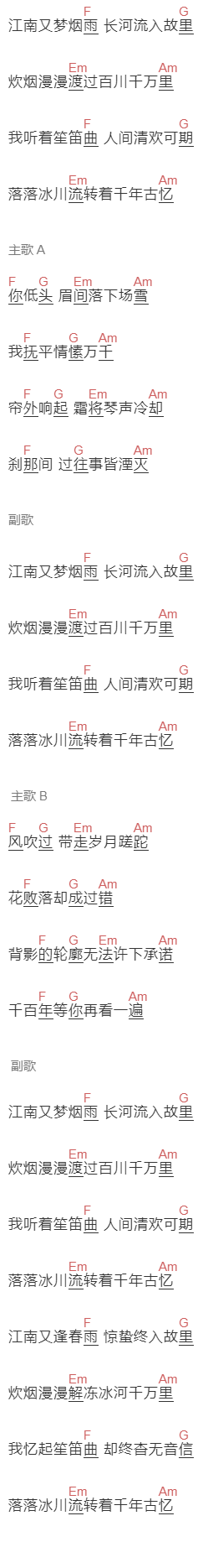 喔喔《故里逢春》吉他谱C调和弦谱(txt)1