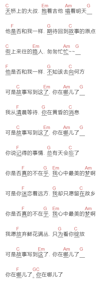 刘天阳《故事写到这》吉他谱C调和弦谱(txt)1
