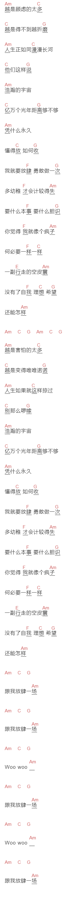 谢霆锋《放肆》吉他谱C调和弦谱(txt)1