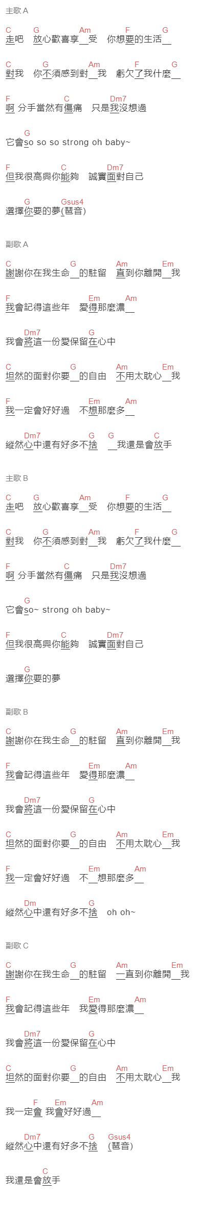 汪佩蓉《放手》吉他谱C调和弦谱(txt)1