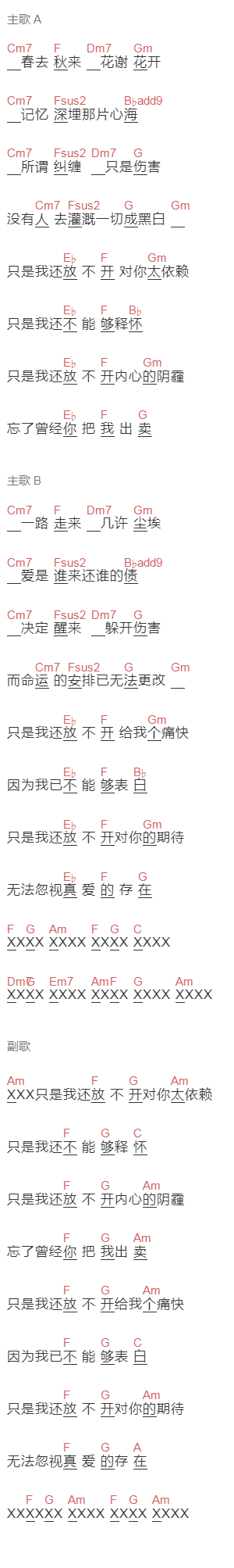 爱乐团《放开》吉他谱C调和弦谱(txt)1