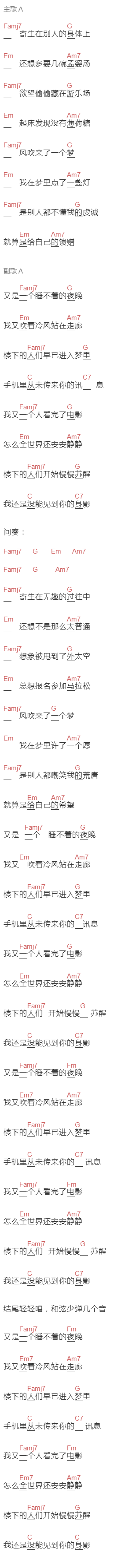无孟子《总在四下无人的夜里想起你》吉他谱C调和弦谱(txt)1
