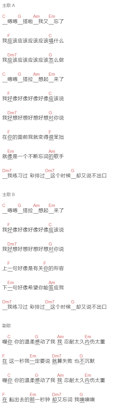 五月天《忘词》吉他谱C调和弦谱(txt)1