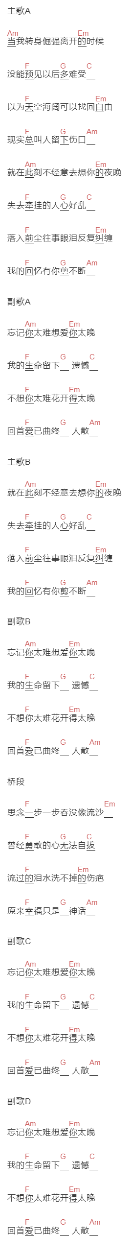 阿里郎《忘记你太难》吉他谱C调和弦谱(txt)1