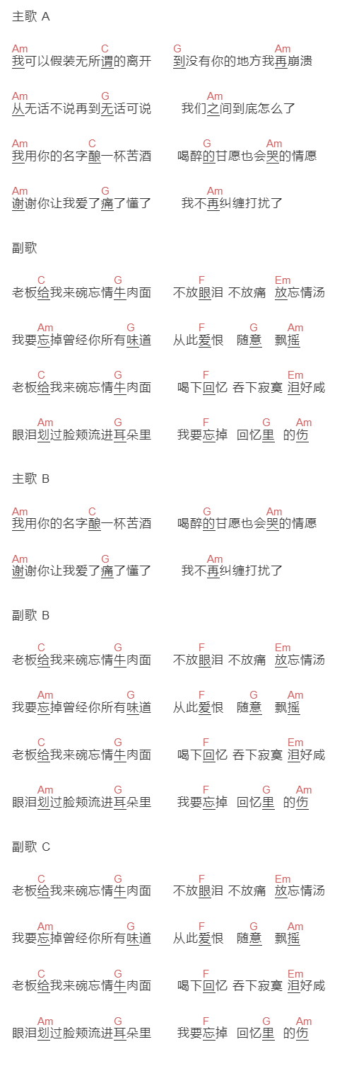 马健涛《忘情牛肉面》吉他谱C调和弦谱(txt)1