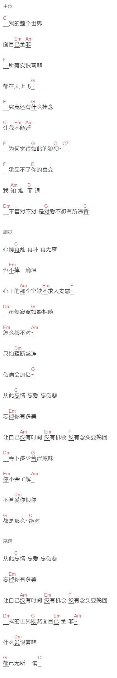 张信哲《忘情忘爱》吉他谱C调和弦谱(txt)1