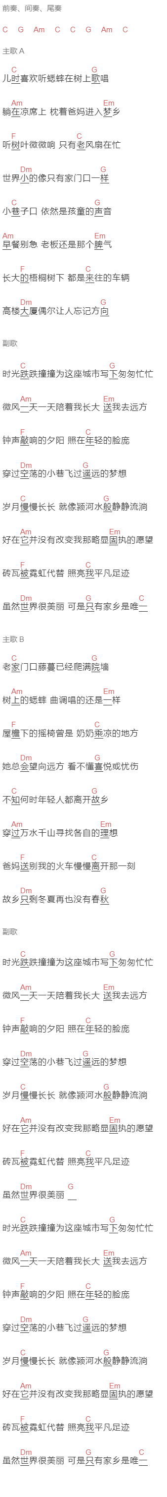 安子与九妹《小巷》吉他谱C调和弦谱(txt)1