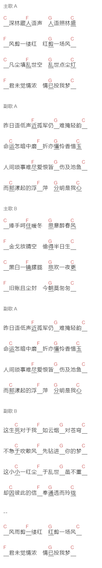 双笙(陈元汐)《小尘》吉他谱C调和弦谱(txt)1