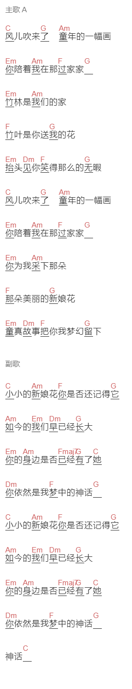 云菲菲《小小新娘花》吉他谱C调和弦谱(txt)1