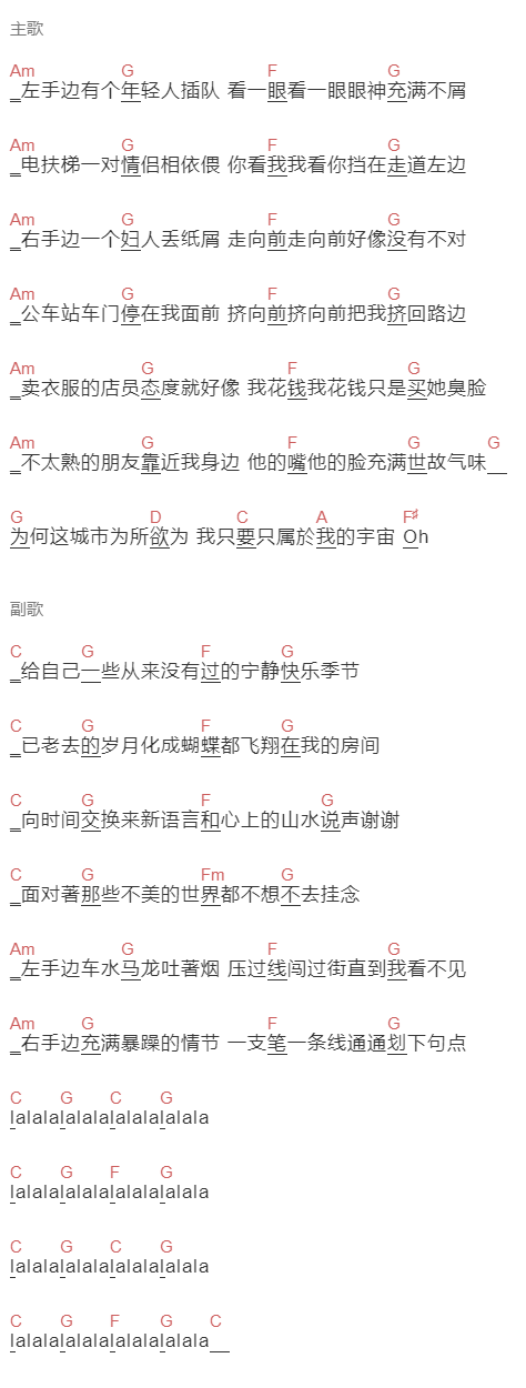 苏打绿《小宇宙》吉他谱C调和弦谱(txt)1