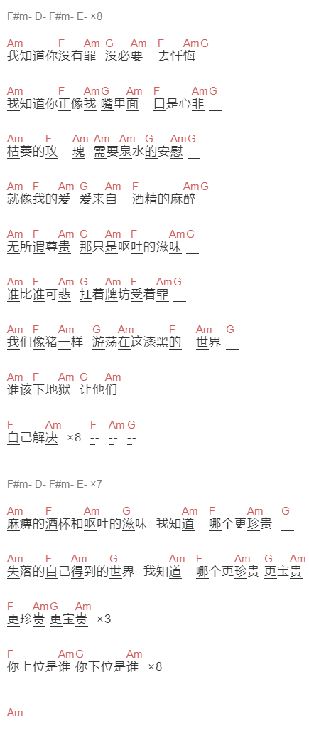 王宝,正午阳光《小姐》吉他谱C调和弦谱(txt)1