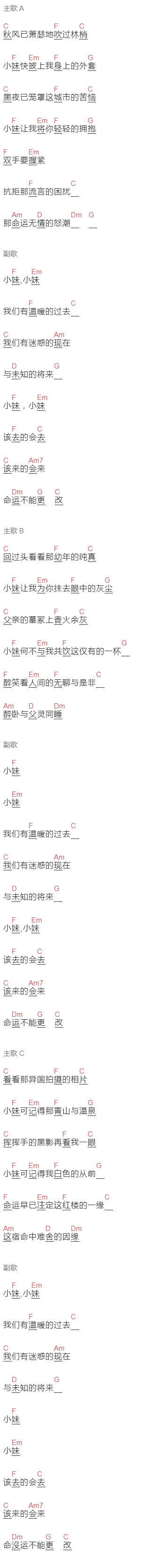 罗大佑《小妹》吉他谱C调和弦谱(txt)1