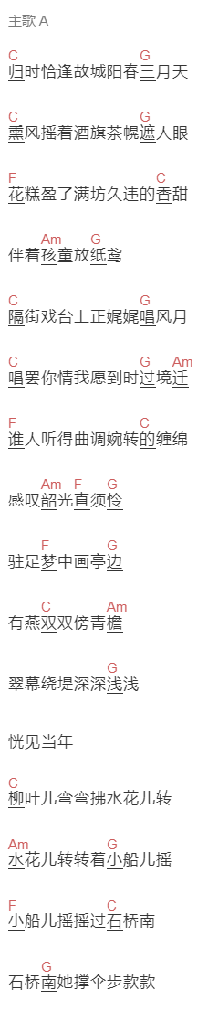 胡碧乔《小城谣》吉他谱C调和弦谱(txt)1