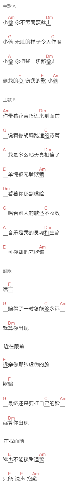 李沁《小偷》吉他谱C调和弦谱(txt)1