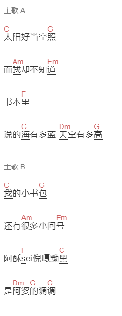 倪华《小书包》吉他谱C调和弦谱(txt)1