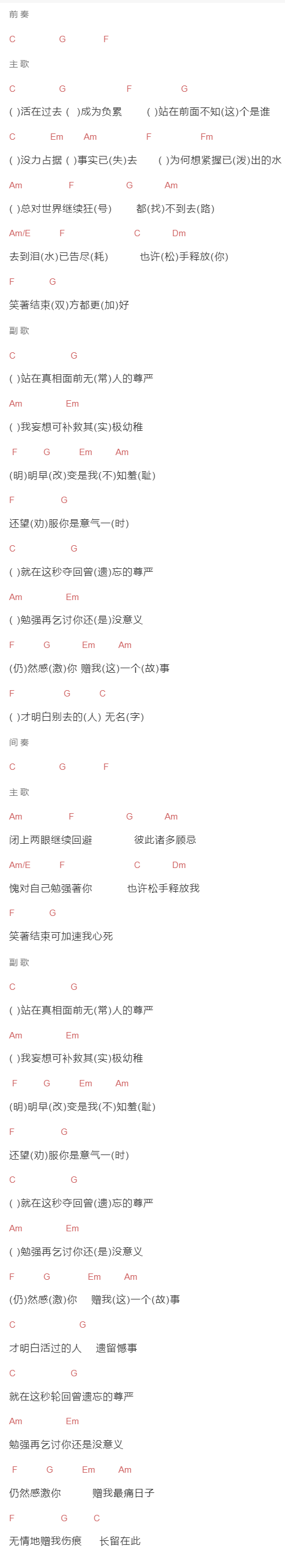 陈柏宇《尊严》吉他谱C调和弦谱(txt)1