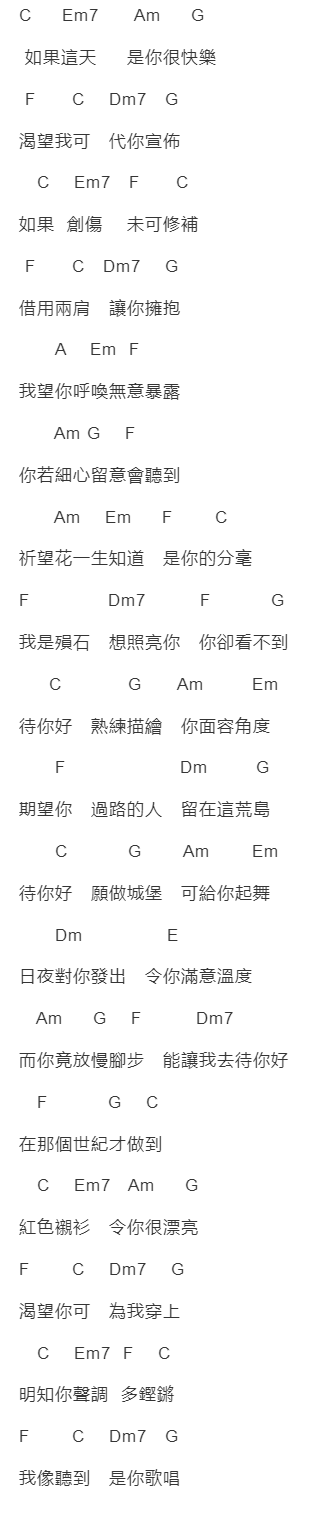 麦浚龙《如果可以待你好》吉他谱C调和弦谱(txt)1