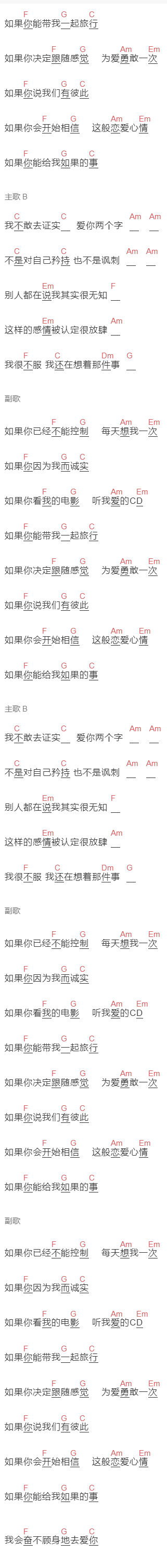 范玮琪,张韶涵《如果的事》吉他谱C调和弦谱(txt)1