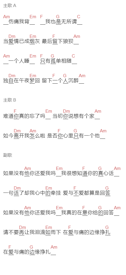 六哲《如果没有他你会爱我吗》吉他谱C调和弦谱(txt)1