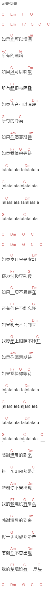 陈小熊《如果明天不会到来》吉他谱C调和弦谱(txt)1