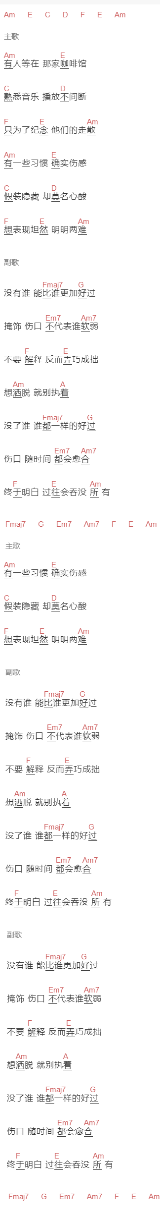 任然《外愈》吉他谱C调和弦谱(txt)1