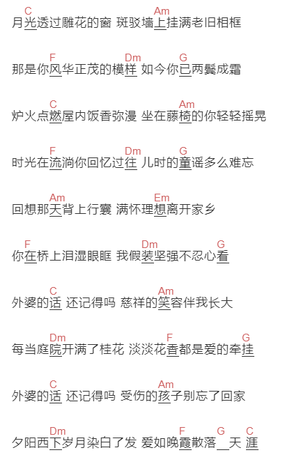 不才《外婆的话》吉他谱C调和弦谱(txt)1