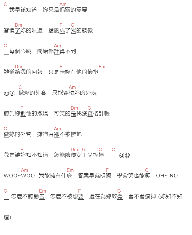 動力火車《外套》吉他谱C调和弦谱(txt)1