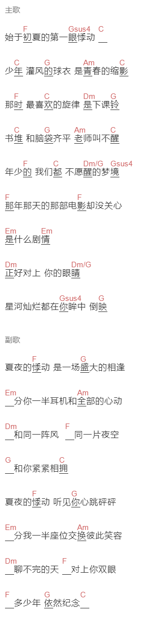 黄鲲《夏悸》吉他谱C调和弦谱(txt)1