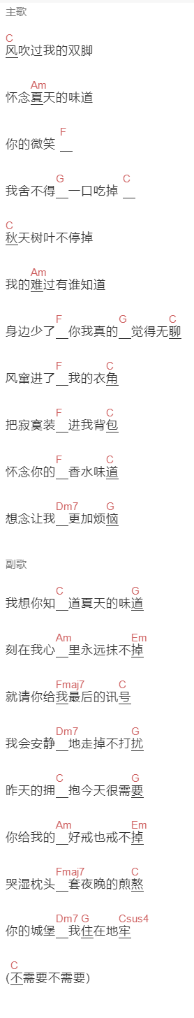剪刀石头布（阿布）《夏天的味道》吉他谱C调和弦谱(txt)1