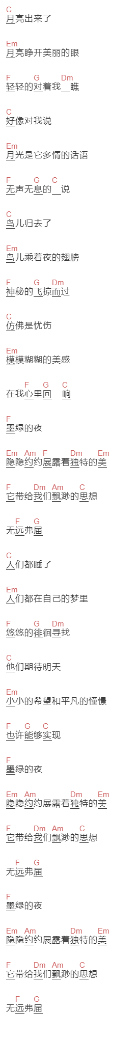 田馥甄《墨绿的夜》吉他谱C调和弦谱(txt)1